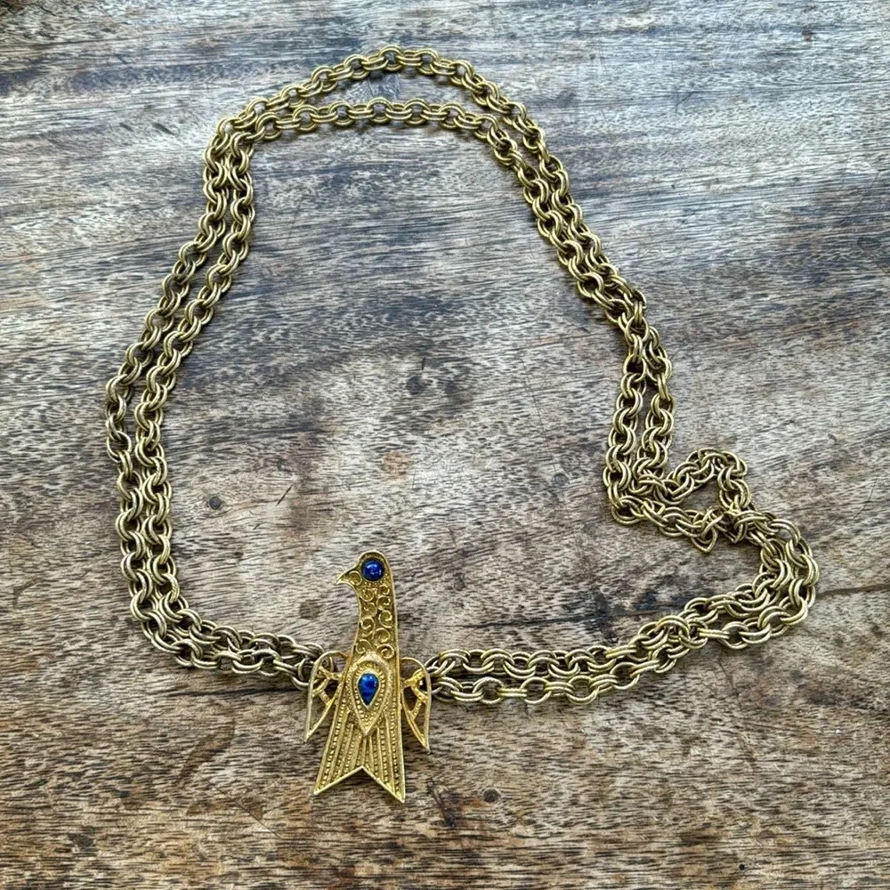 Vintage Art Deco Thunderbird Chain Belt Necklace Gold Tone Blue Cabochon Boho